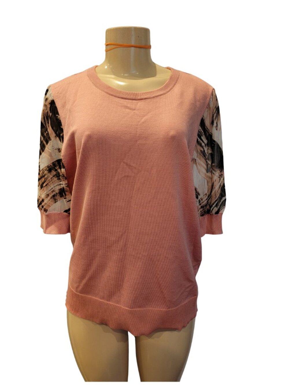 DKNY Rouge Blush Mixed Media Short Sleeve Crew Neck Lightweight Sweater Top